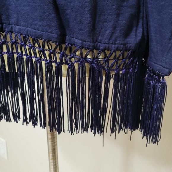 Andrea Jovine Blue Short Sleever Boho Fringe Batwing Cover Up Top Size M - Picture 6 of 8